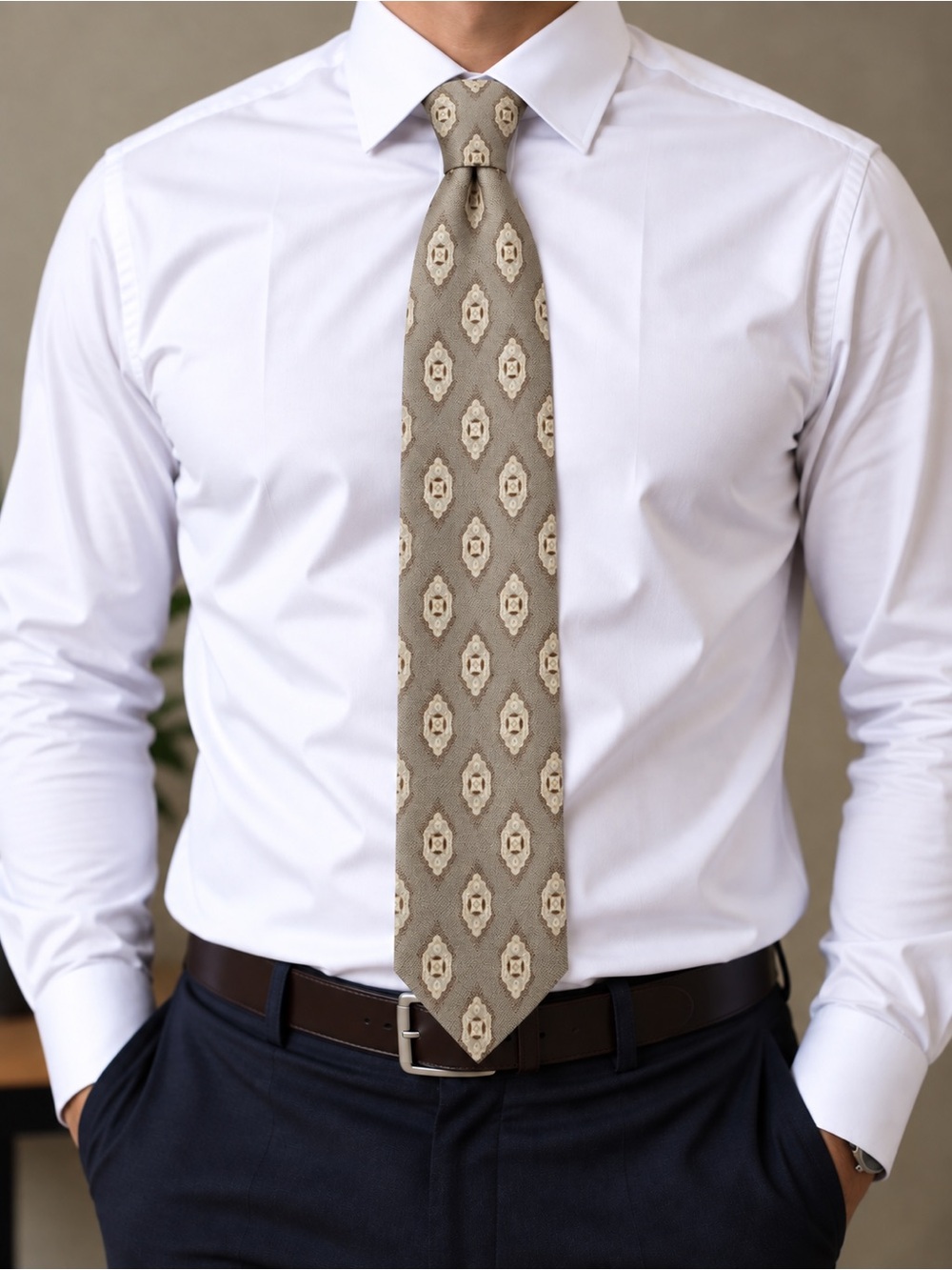 Giorgio Armani Made in Italy Taupe Geometric Medallion Tie